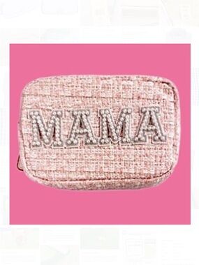 🆕- Gloss & Glo- Pink Tweed 'MAMA' Pearl Embellished Cosmetic Pouch.